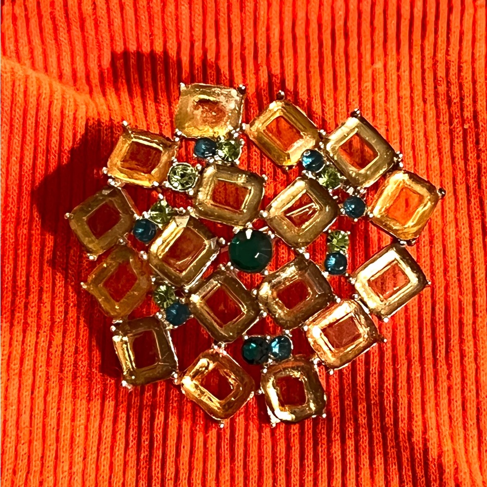 Bold Vintage Mid-Century Modern Brooch Amber & Teal Rhinestone Cluster Pin .75”